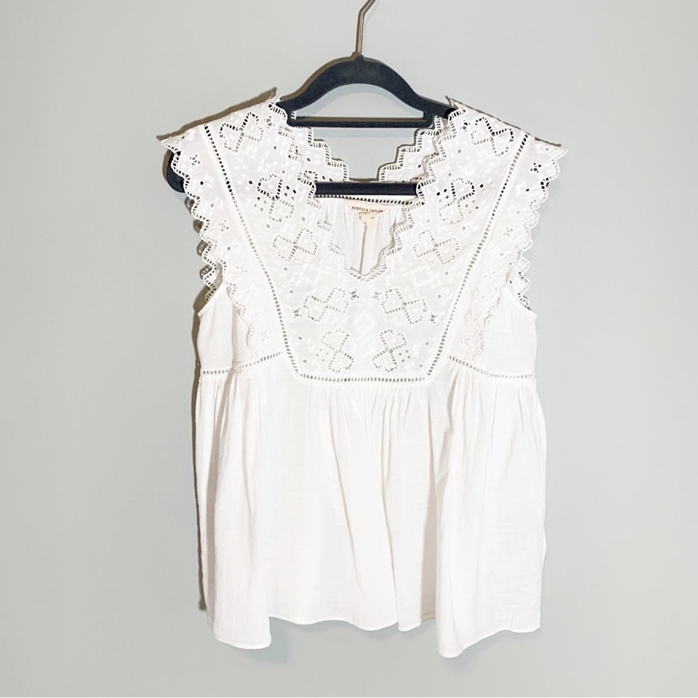 Rebecca Taylor White Embroidered Lace Ruffle 100% Cotton Romantic White Top - Picture 5 of 10